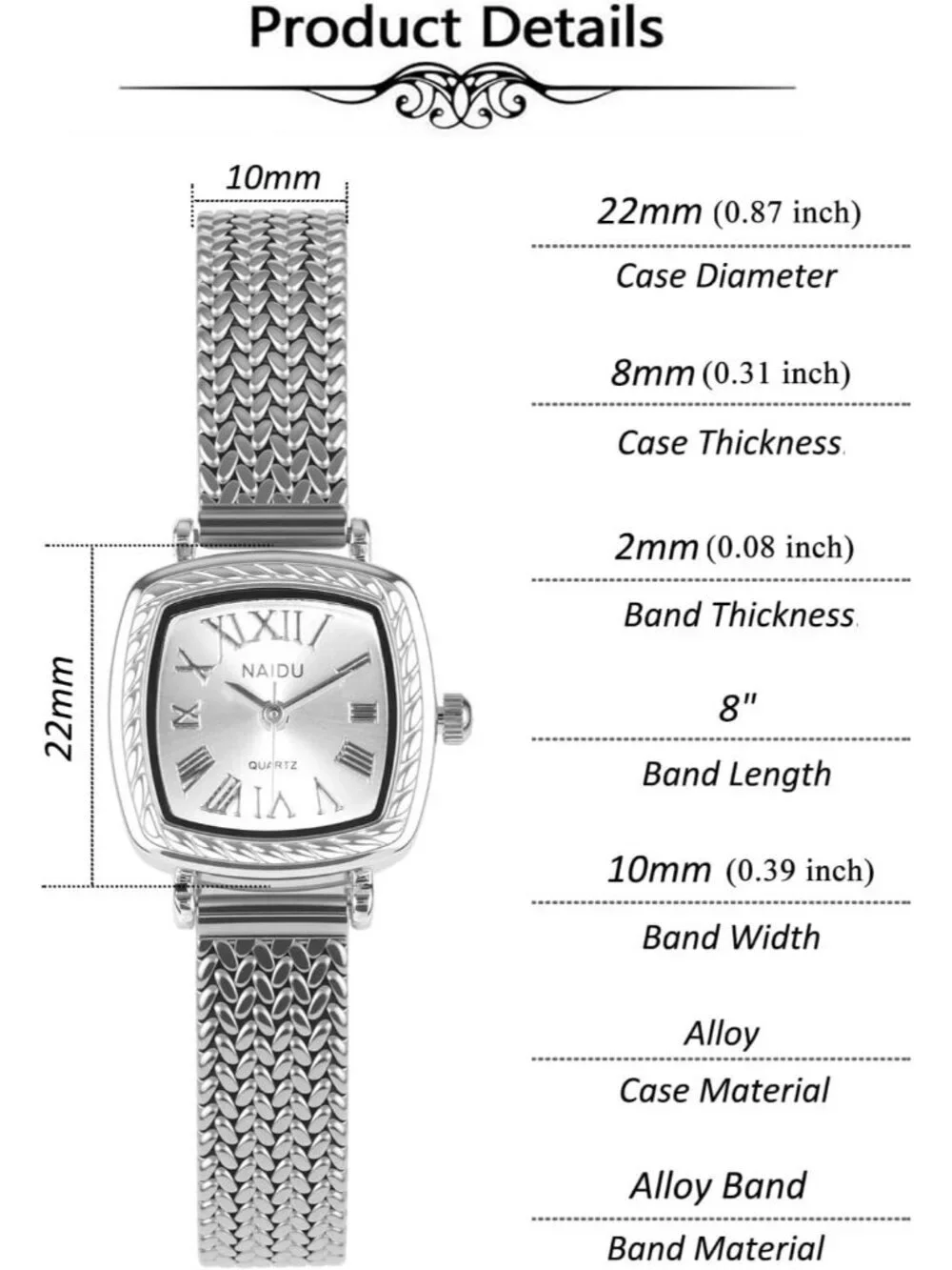 Womens Silver Analog Quartz Vintage Square Alloy Steel Roman Numeral Wrist Watch